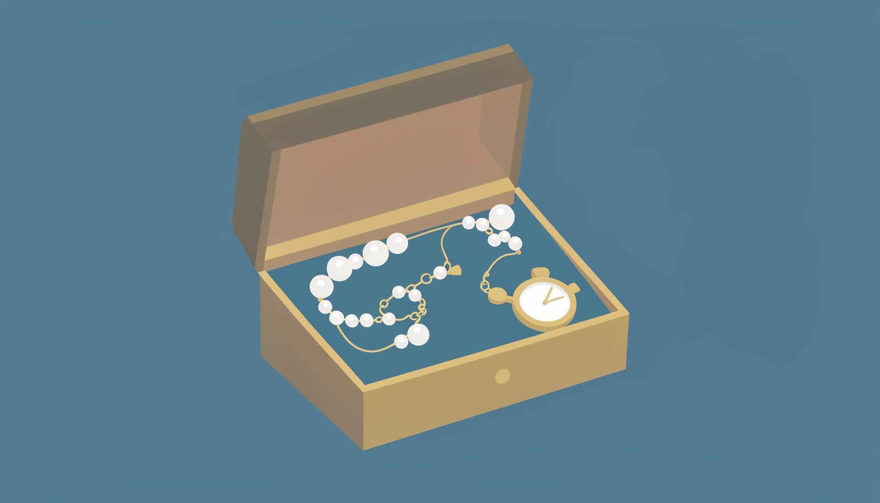 Flat illustration of an open jewelry box holding pearl earrings, a delicate bracelet and a small wristwatch on a soft velvet surface, in warm cream and muted gold tones